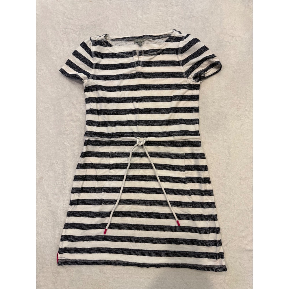 T by Talbots Navy White Striped Cotton Drawstring Waist Dress Petite Small SP